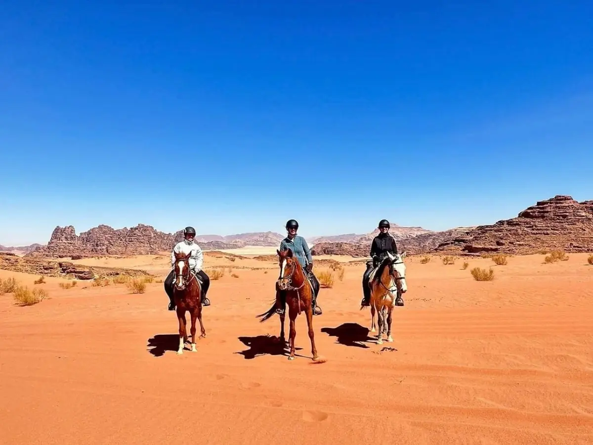 Arabian horse riding across the open desert in Wadi Rum